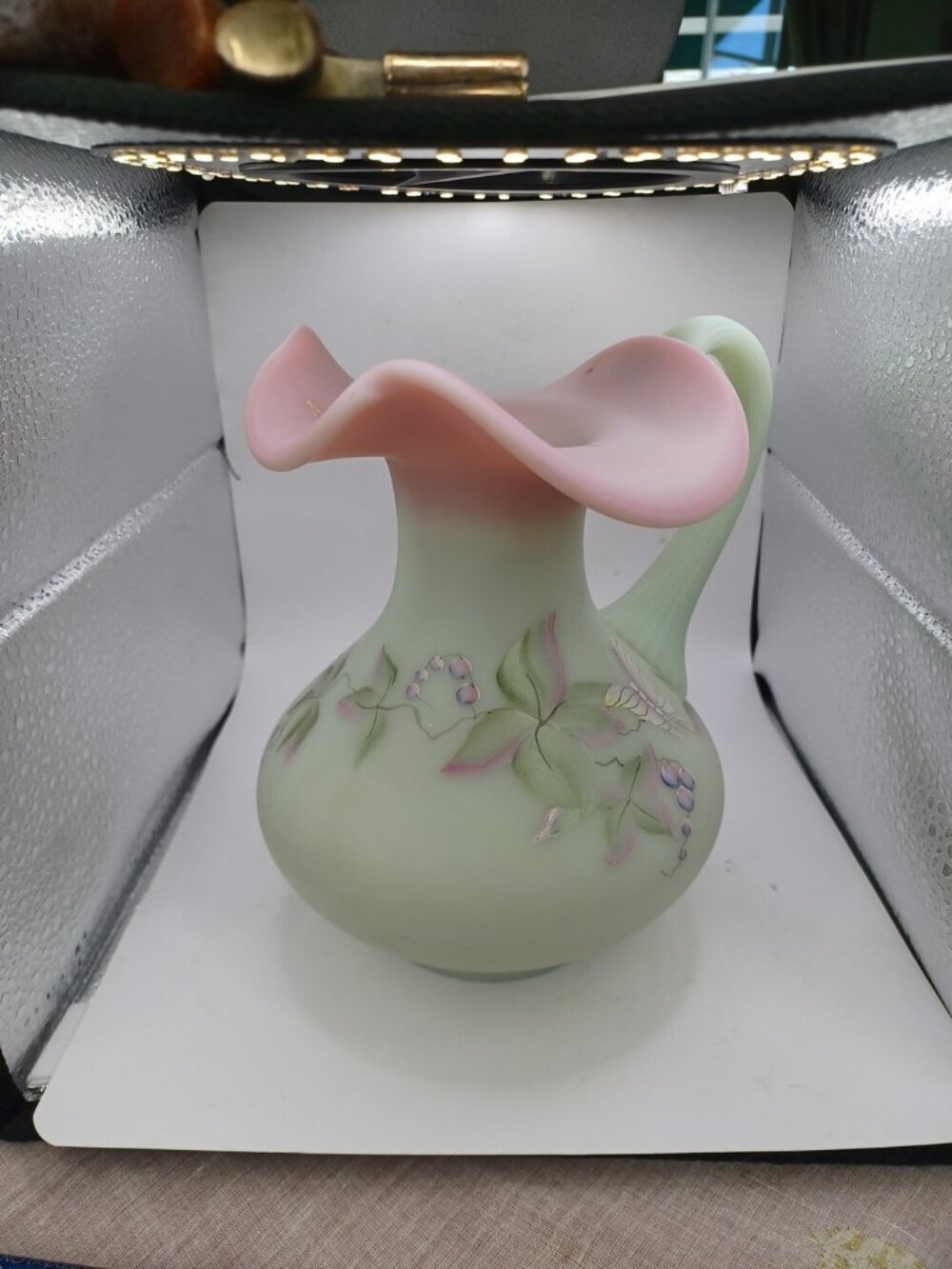Fenton Glass 95th Anniversary Lotus Mist Burmese Glass Hand Painted Butterfly...